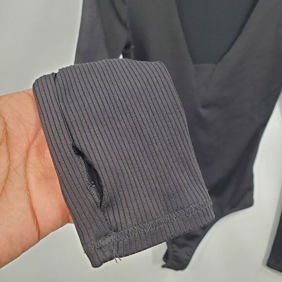 Free People Ribbed Long Sleeve V Neck Bodysuit Women Size Small Petite Black - Picture 3 of 13